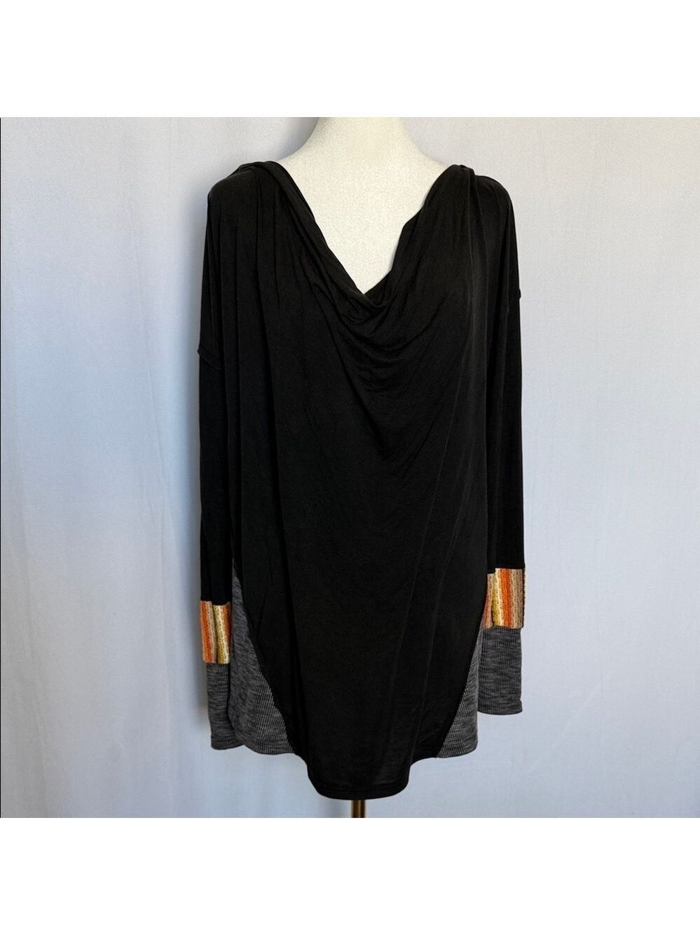 POL Black Gray Cowl Neck Tunic Top Size S Orange Accents Boho Lagenlook Oversize